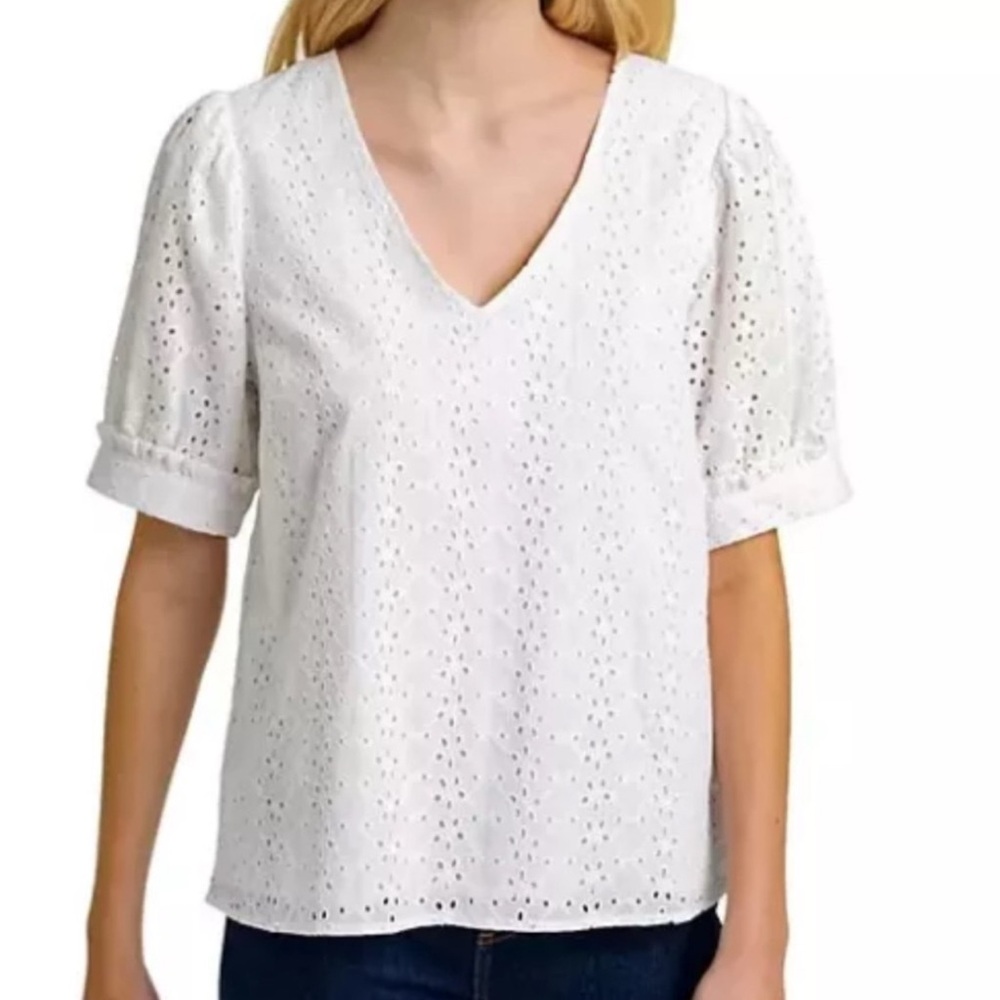 Draper James “Heidi” White Puff Sleeve Eyelet Blouse Small